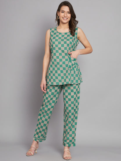 Green Checks Printed Cotton Sleeveless top with Pant