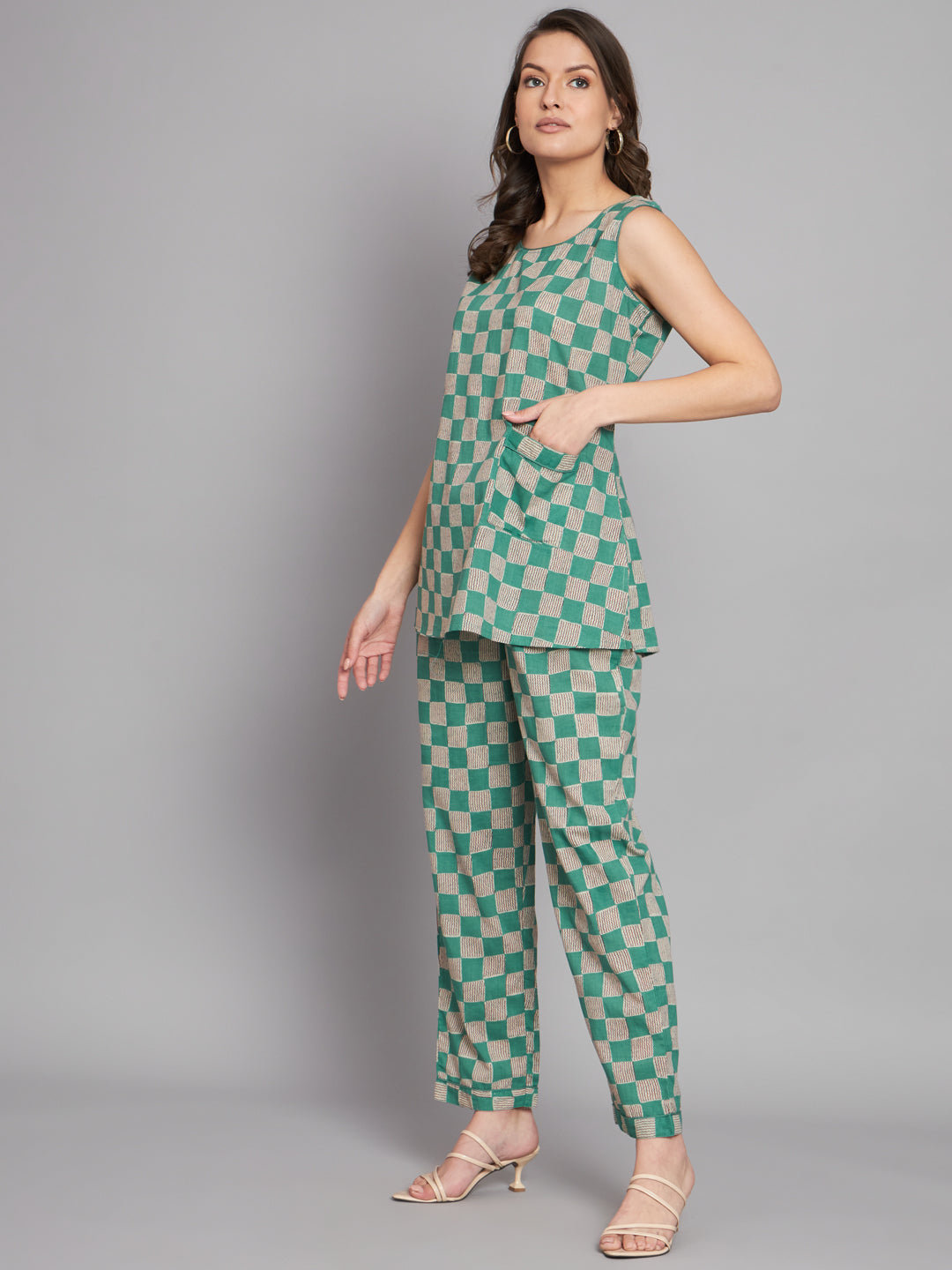 Green Checks Printed Cotton Sleeveless top with Pant