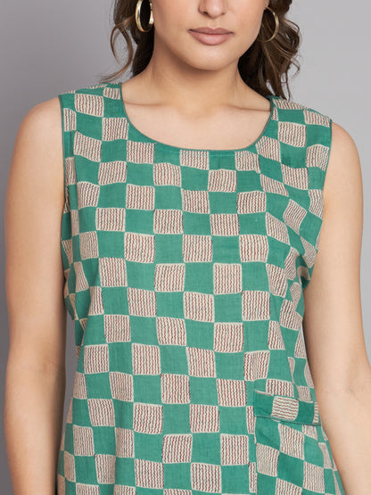 Green Checks Printed Cotton Sleeveless top with Pant