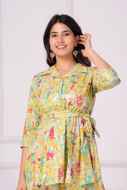 Green Floral Foil Printed  Pleated Collar Co-Ord Set