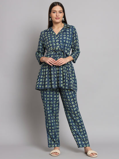 Navy Blue Floral Printed Box Pleated Co-Ord Set