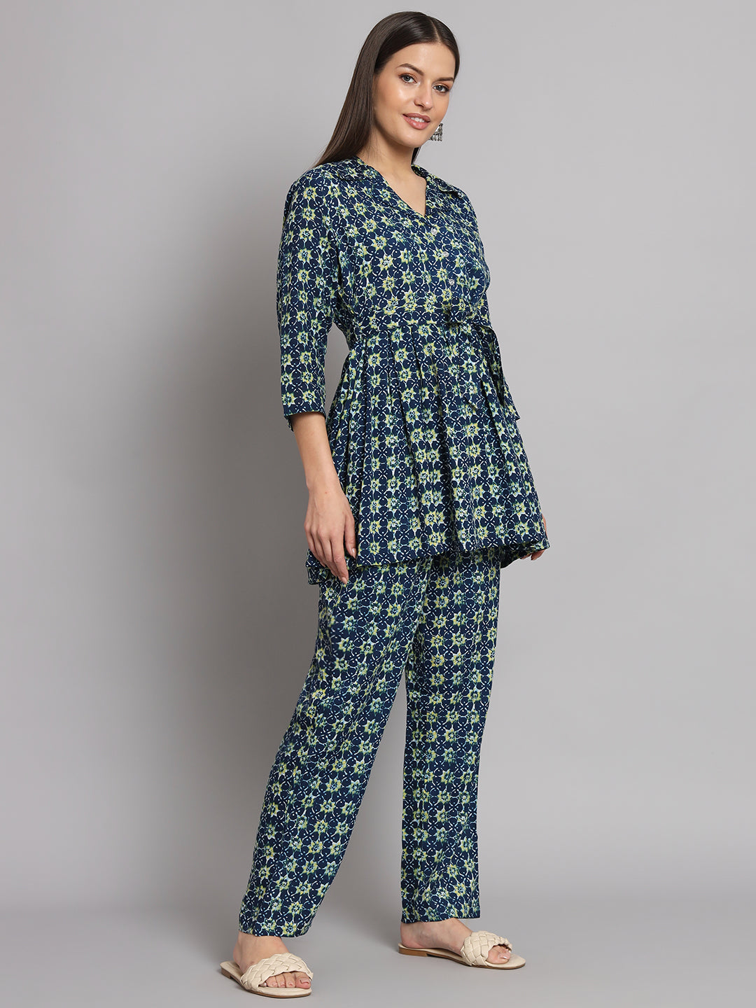 Navy Blue Floral Printed Box Pleated Co-Ord Set