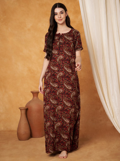 Women Ethnic Motifs Printed Pure Cotton Maxi Nightdress