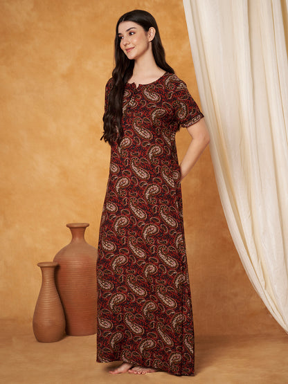 Women Ethnic Motifs Printed Pure Cotton Maxi Nightdress