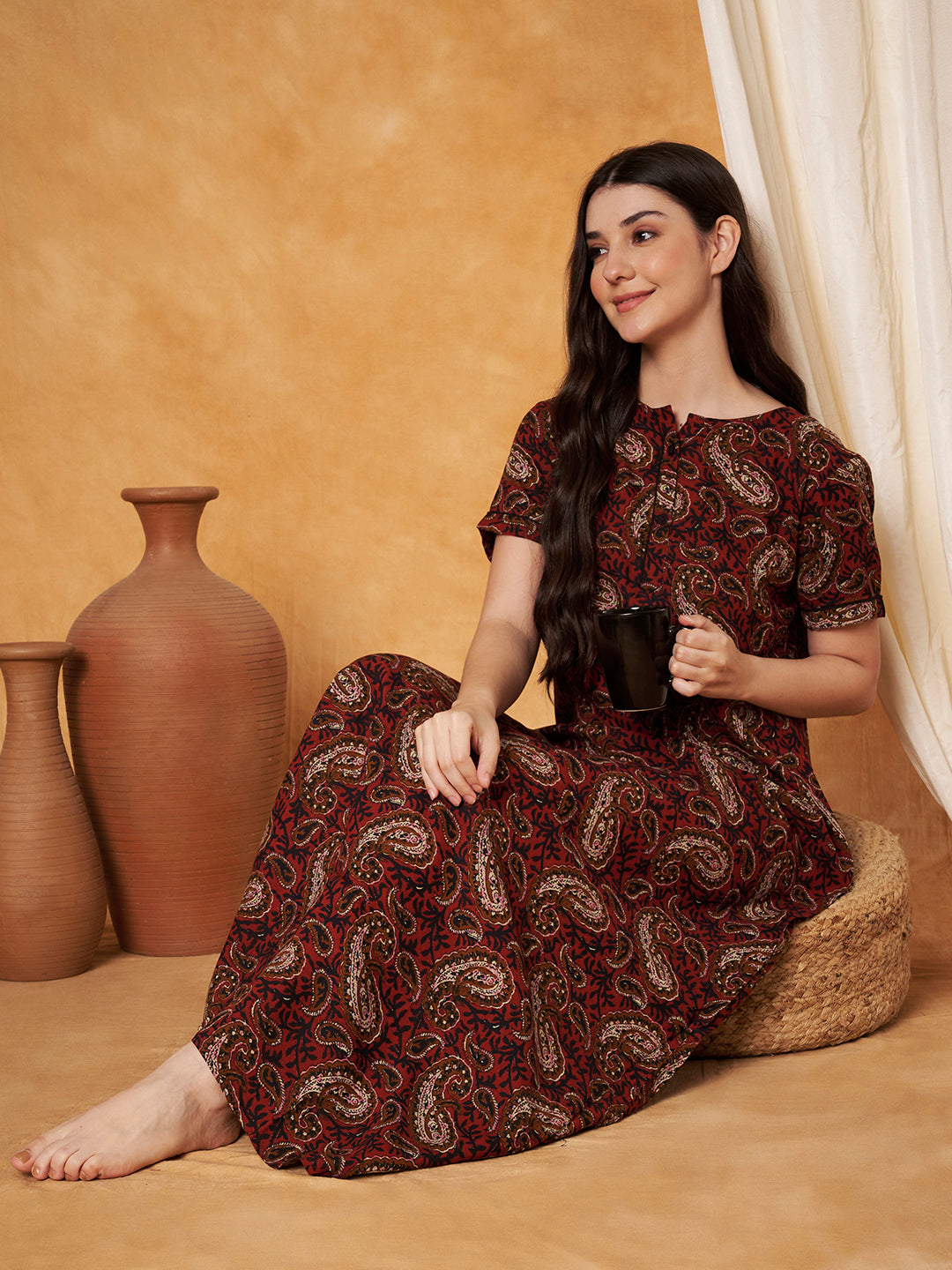 Women Ethnic Motifs Printed Pure Cotton Maxi Nightdress