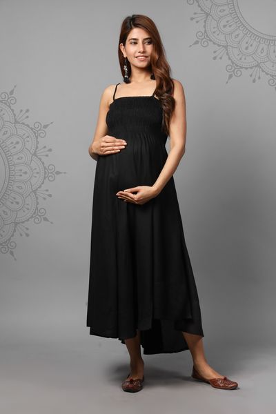 Solid Black Color Shoulder Straps Maternity Gown