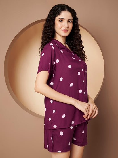 Wine Printed Pure Cotton Top  With Short Pant Co-Ord
