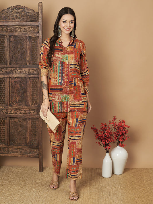 Printed Brown Shirt with Trouser Co-Ord Set