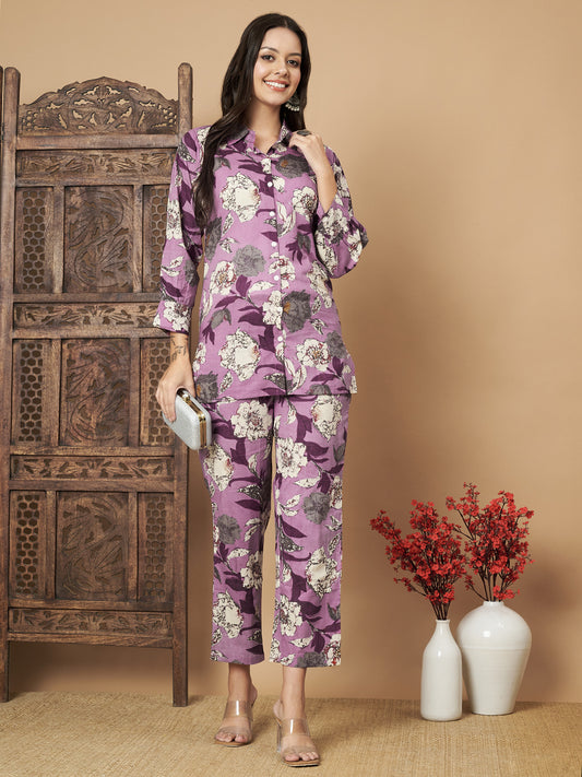 Purple Floral Printed Shirt with Trouser Co-Ord Set