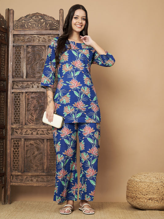 Blue Flower Printed Cotton Co-Ord Set with Pallazo