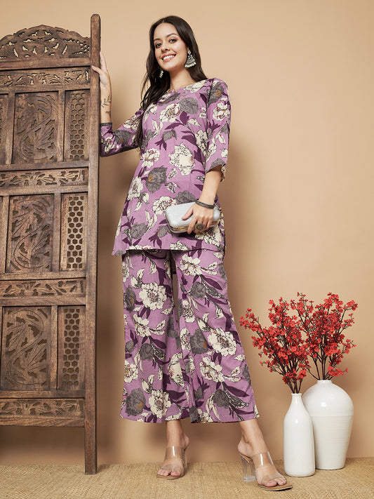 Purple Flower Printed Cotton Co-Ord Set with Pallazo