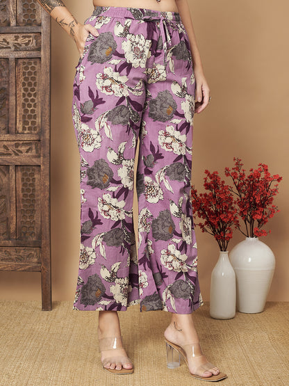 Purple Flower Printed Cotton Co-Ord Set with Pallazo