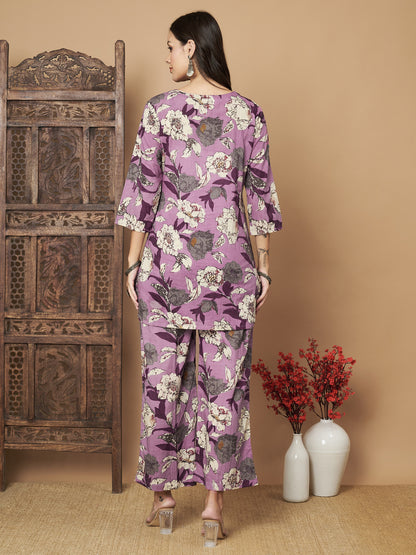 Purple Flower Printed Cotton Co-Ord Set with Pallazo