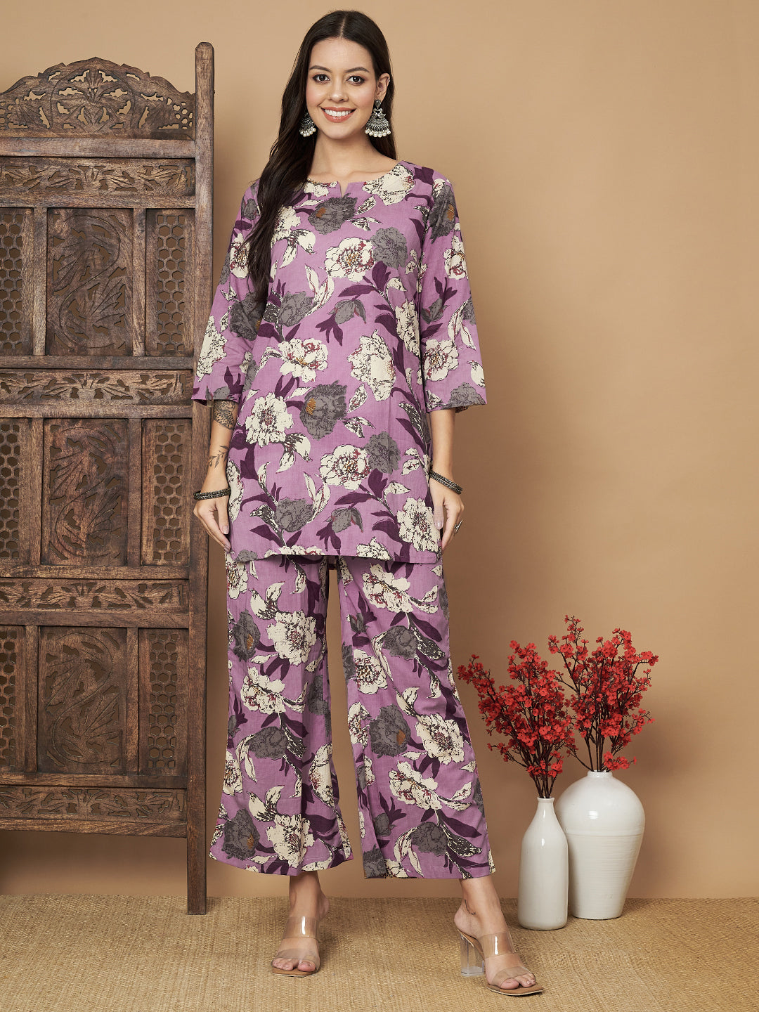 Purple Flower Printed Cotton Co-Ord Set with Pallazo