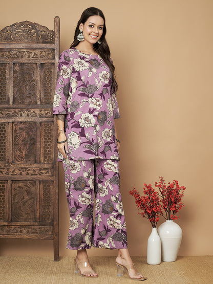 Purple Flower Printed Cotton Co-Ord Set with Pallazo