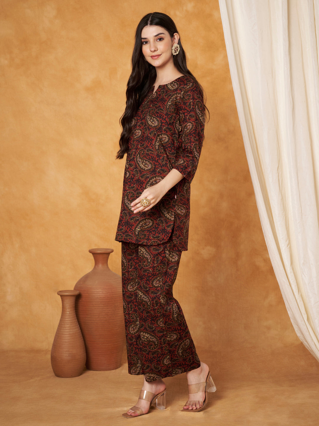 Paisley Maroon Printed Pure Cotton Top With Pallazo