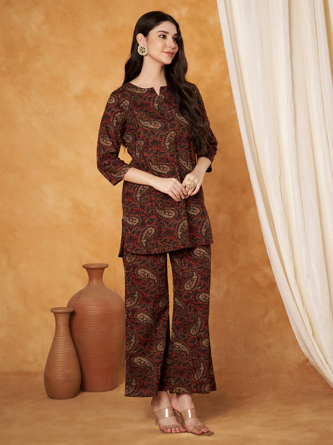 Paisley Maroon Printed Pure Cotton Top With Pallazo