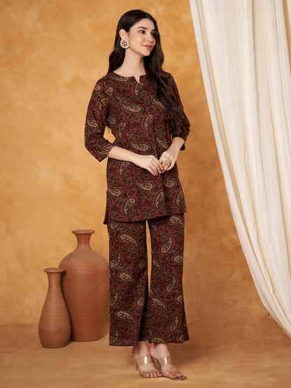 Paisley Maroon Printed Pure Cotton Top With Pallazo
