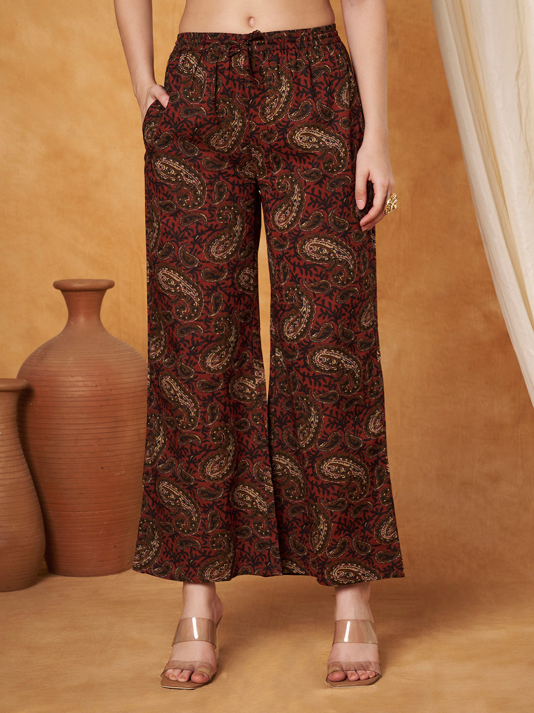 Paisley Maroon Printed Pure Cotton Top With Pallazo
