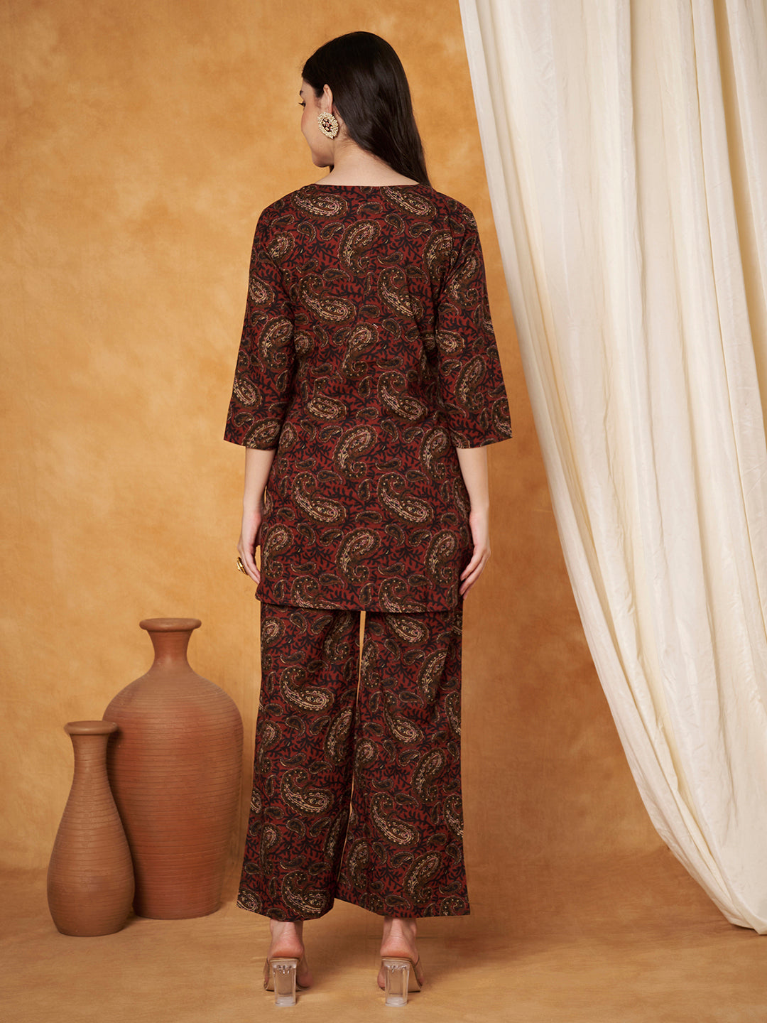 Paisley Maroon Printed Pure Cotton Top With Pallazo