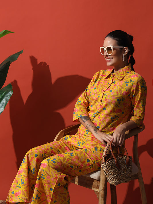 Mustard Yellow Floral Printed Cotton Top with Trouser Co-Ord Set