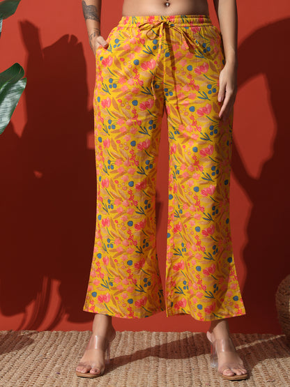 Mustard Yellow Floral Printed Cotton Top with Trouser Co-Ord Set