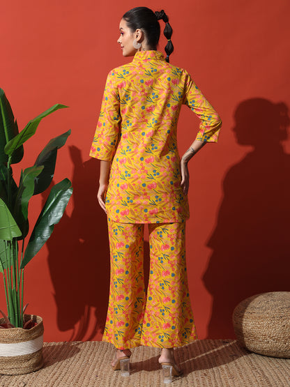 Mustard Yellow Floral Printed Cotton Top with Trouser Co-Ord Set