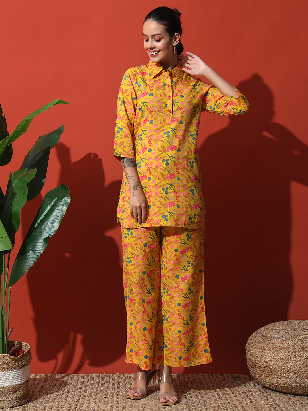 Mustard Yellow Floral Printed Cotton Top with Trouser Co-Ord Set