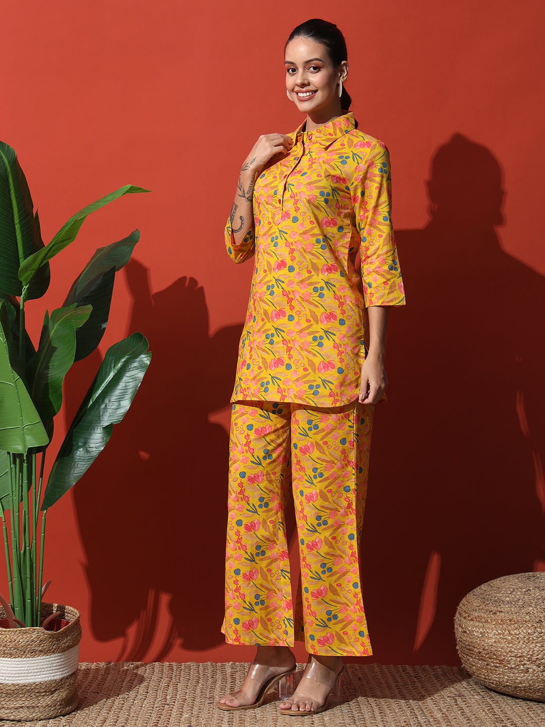 Mustard Yellow Floral Printed Cotton Top with Trouser Co-Ord Set