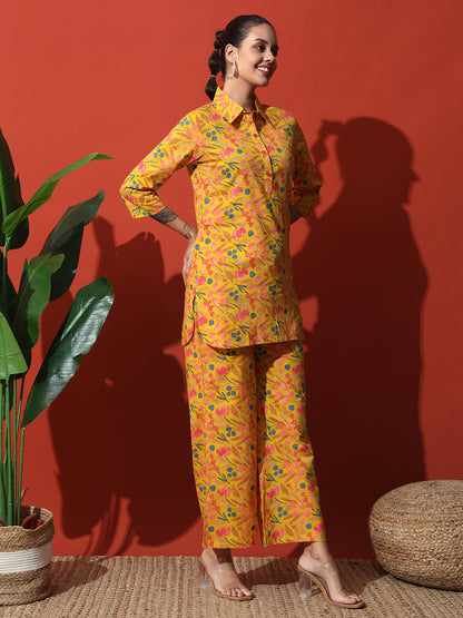 Mustard Yellow Floral Printed Cotton Top with Trouser Co-Ord Set