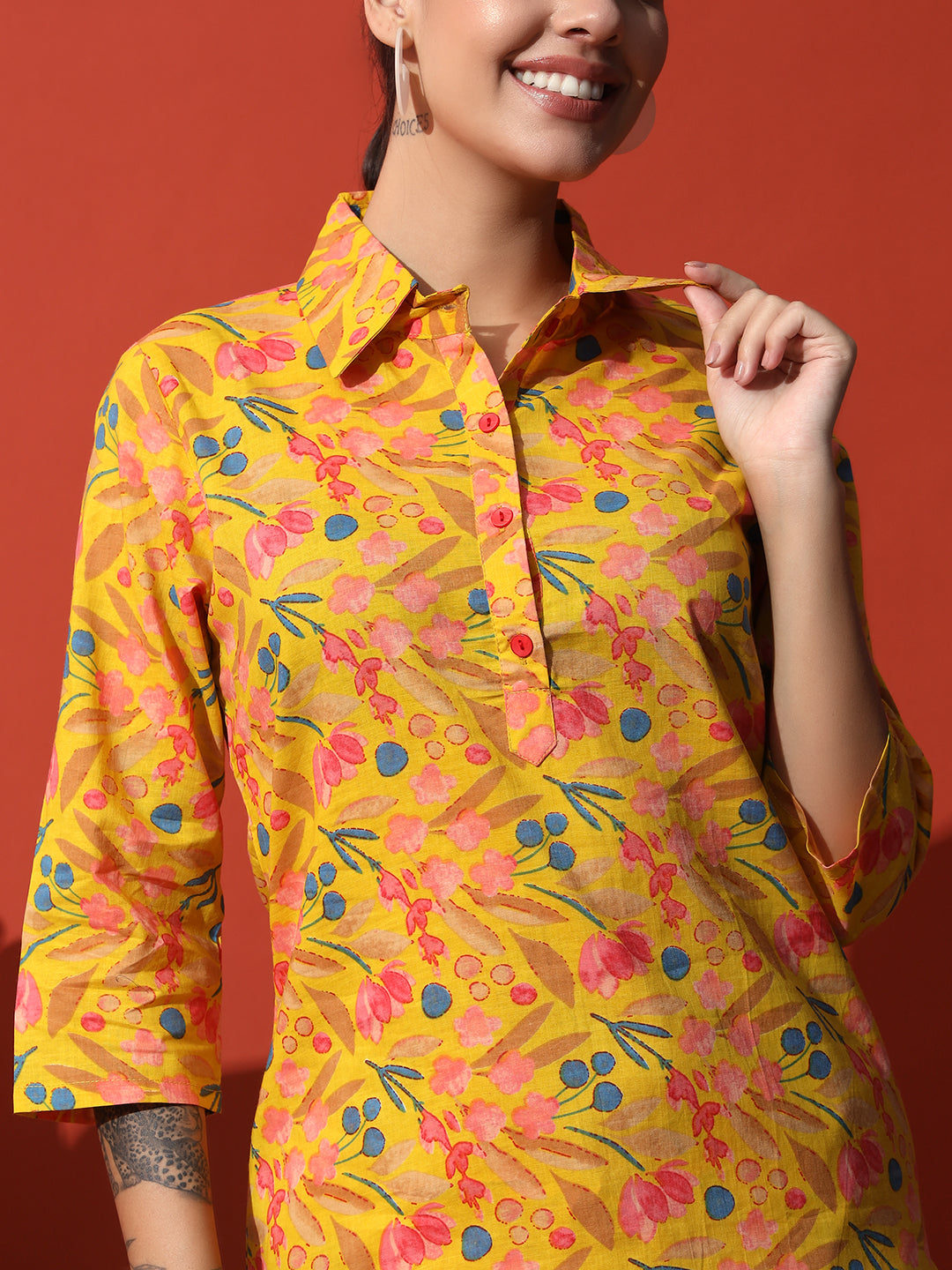 Mustard Yellow Floral Printed Cotton Top with Trouser Co-Ord Set