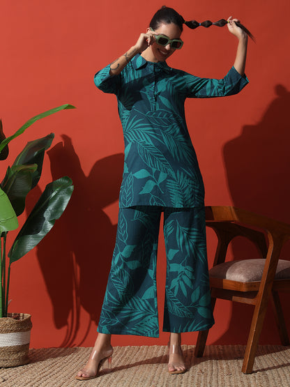 Dark Green Floral Printed Cotton Top with Trouser Co-Ord Set