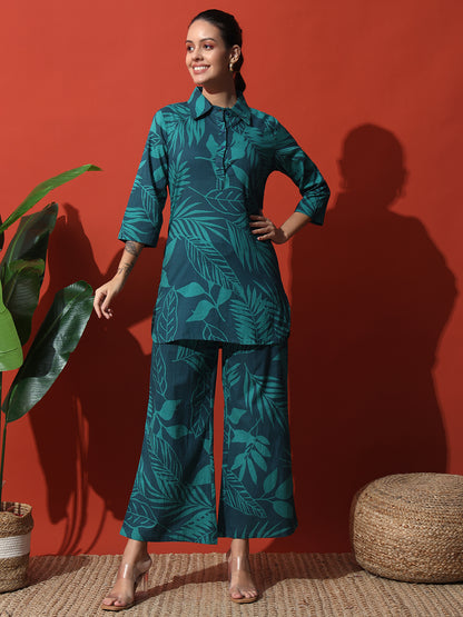 Dark Green Floral Printed Cotton Top with Trouser Co-Ord Set