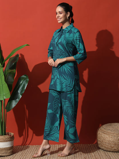 Dark Green Floral Printed Cotton Top with Trouser Co-Ord Set