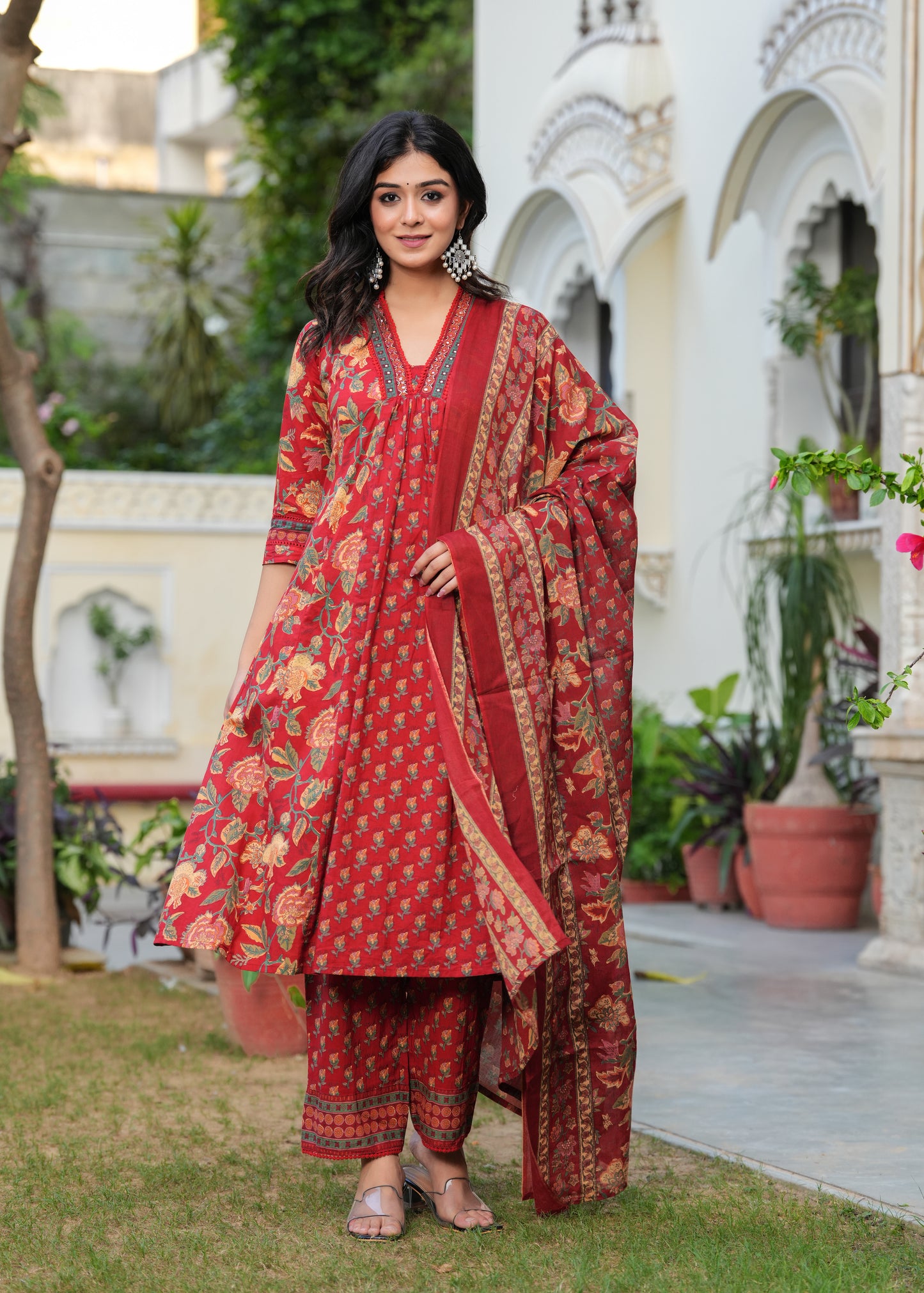 Ajrak Printed Neck Hand Work Maroon Anarkali Kurta with Pant and Dupatta