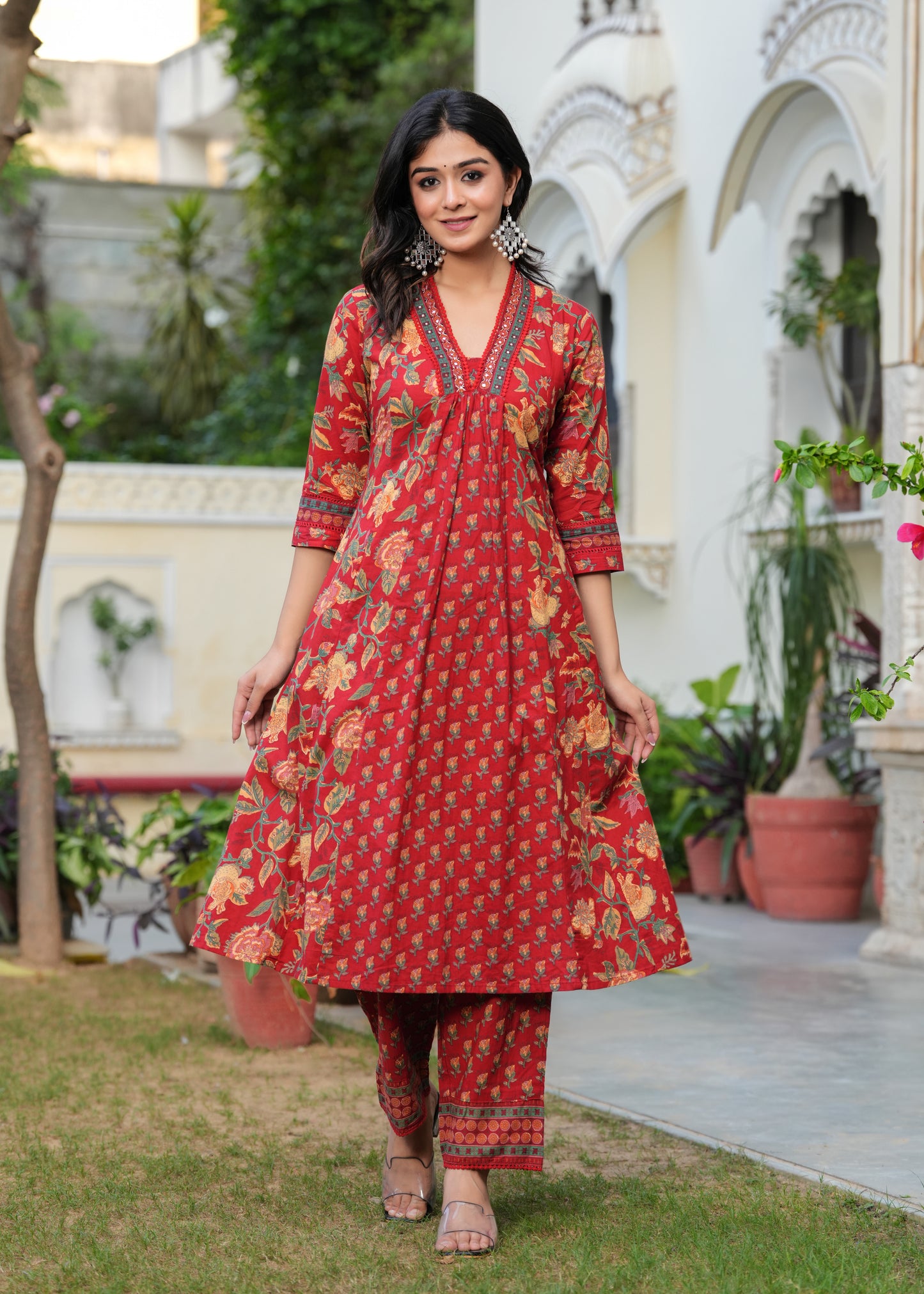 Ajrak Printed Neck Hand Work Maroon Anarkali Kurta with Pant and Dupatta