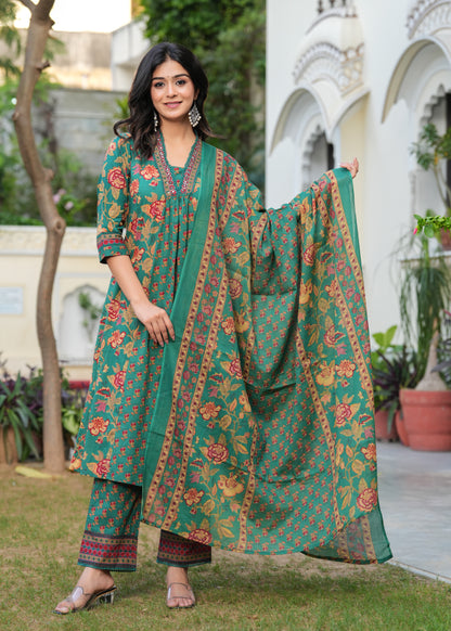 Ajrak Printed Neck Hand Work Kurta with Pant and Dupatta