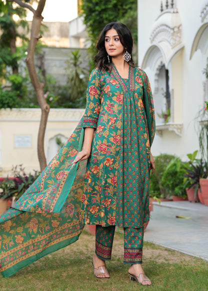 Ajrak Printed Neck Hand Work Kurta with Pant and Dupatta