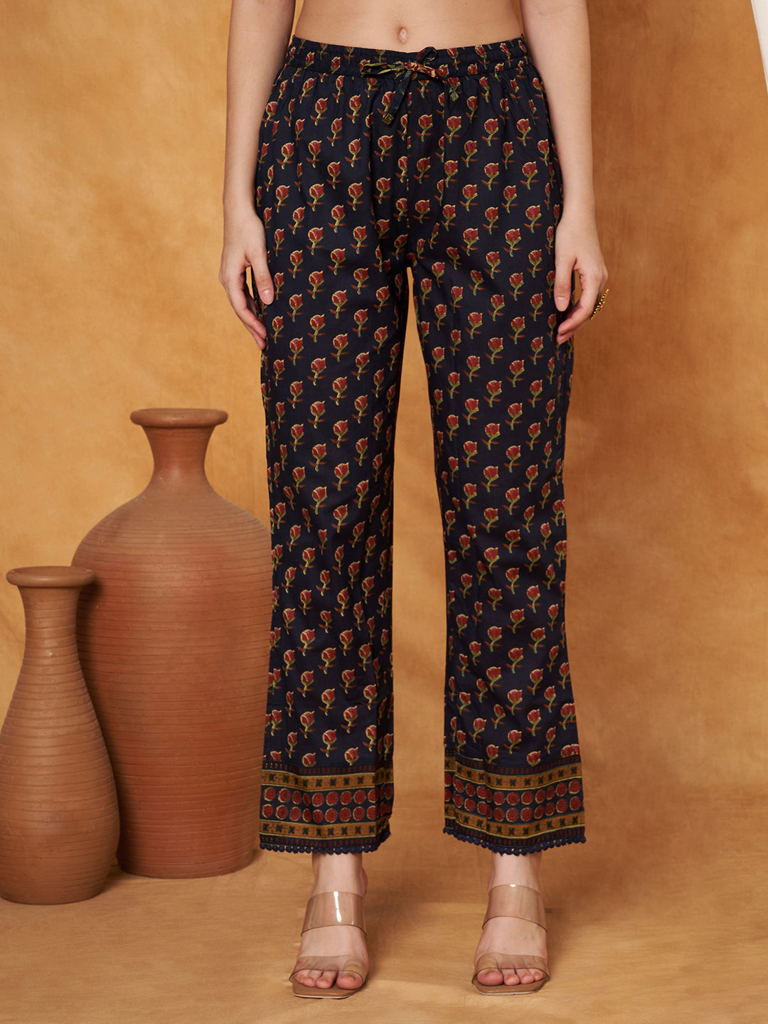 Ajrak Printed Neck Hand Work Navy Blue Anarkali Kurta with Pant and Dupatta