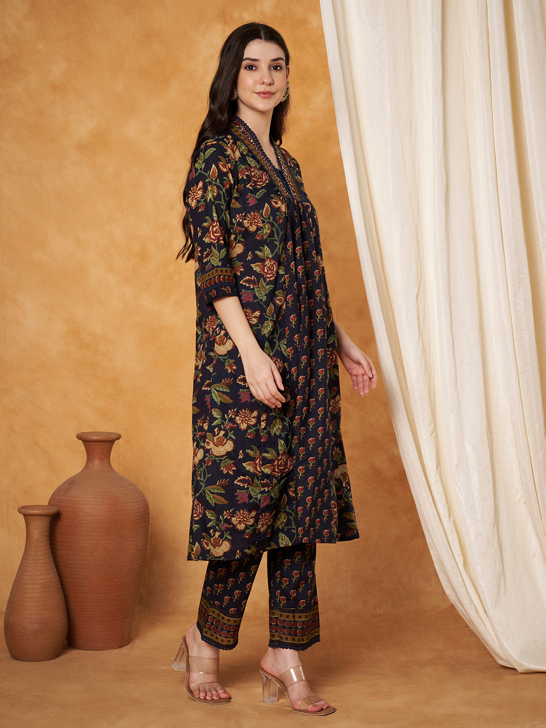 Ajrak Printed Neck Hand Work Navy Blue Anarkali Kurta with Pant and Dupatta