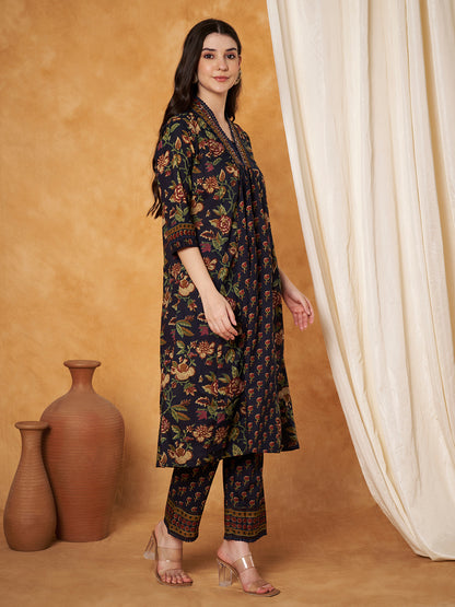 Ajrak Printed Neck Hand Work Navy Blue Anarkali Kurta with Pant and Dupatta