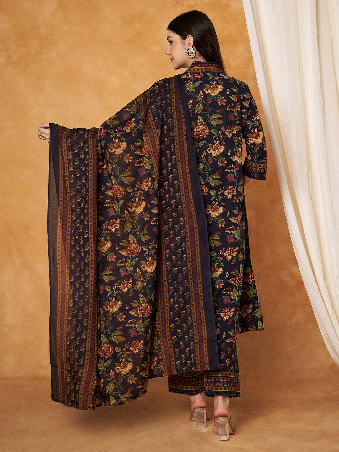 Ajrak Printed Neck Hand Work Navy Blue Anarkali Kurta with Pant and Dupatta