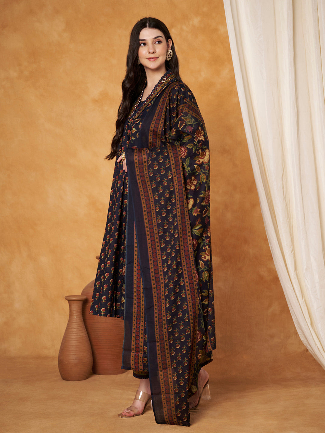 Ajrak Printed Neck Hand Work Navy Blue Anarkali Kurta with Pant and Dupatta