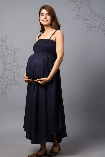 Solid Navy Blue Color Shoulder Straps Maternity Gown