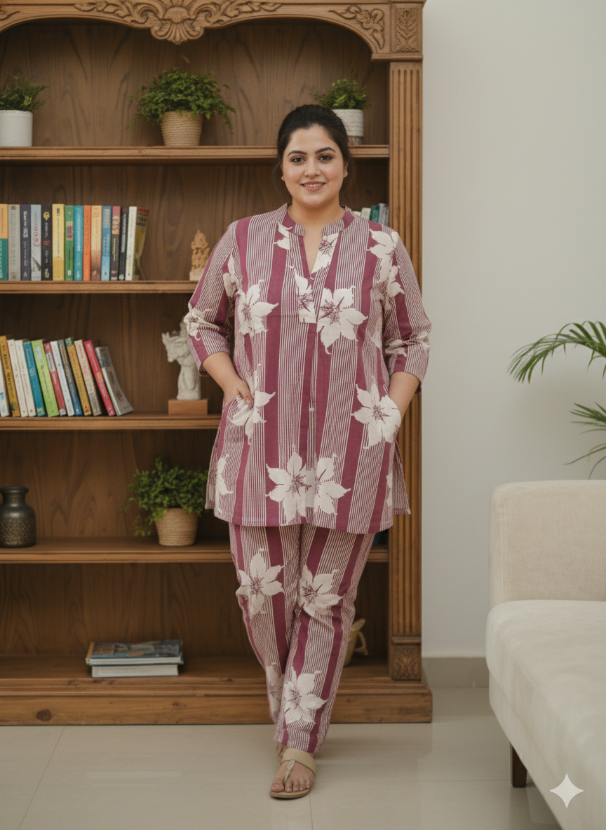 Plus Size Printed Pure Cotton Co-Ords Set