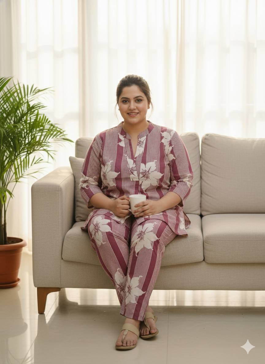 Plus Size Printed Pure Cotton Co-Ords Set