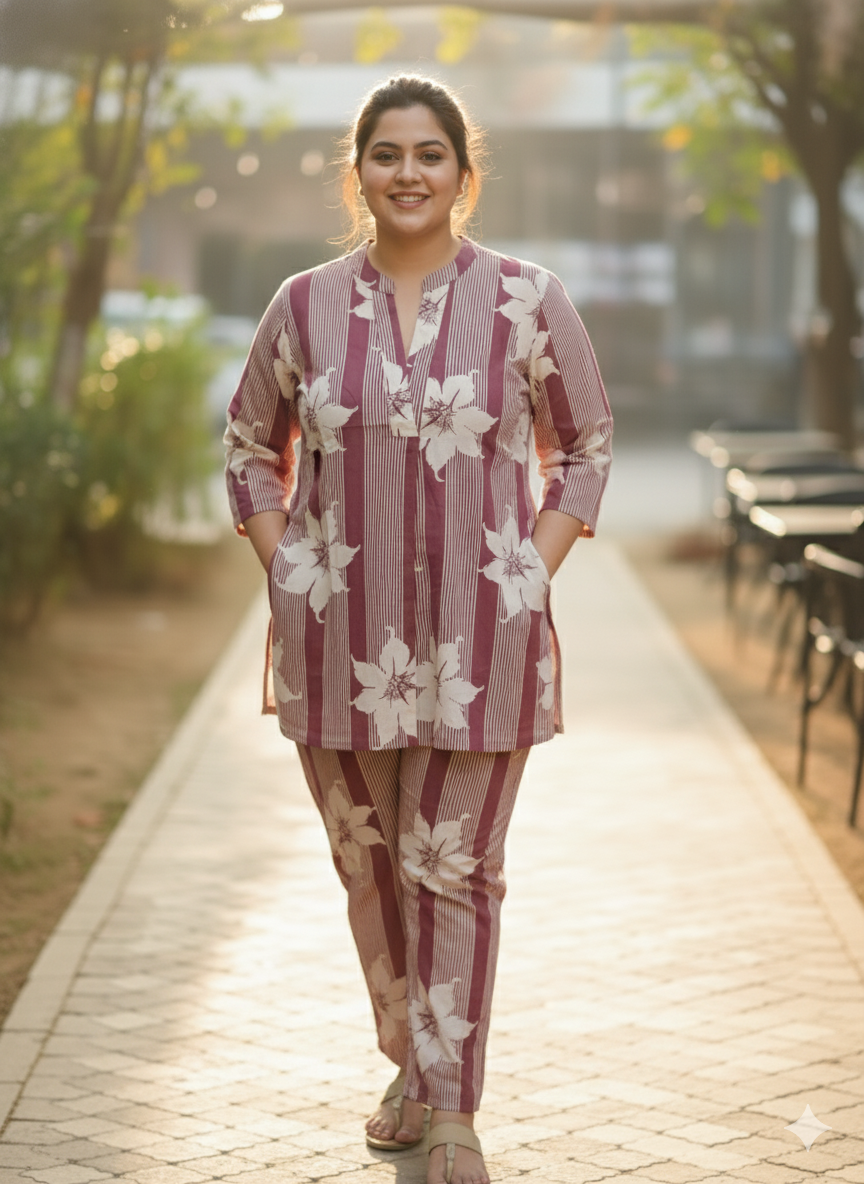 Plus Size Printed Pure Cotton Co-Ords Set
