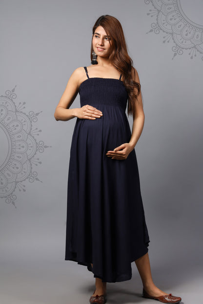 Solid Navy Blue Color Shoulder Straps Maternity Gown