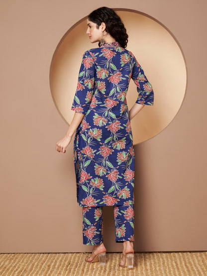 Blue Flower Printed V Neck Kurta with Pant  Printed