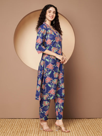 Blue Flower Printed V Neck Kurta with Pant  Printed